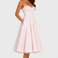 Women's satin-feel corset midi dress with sweetheart neckline, adjustable straps, fitted bodice, and full flowing skirt for weddings and special occasions.