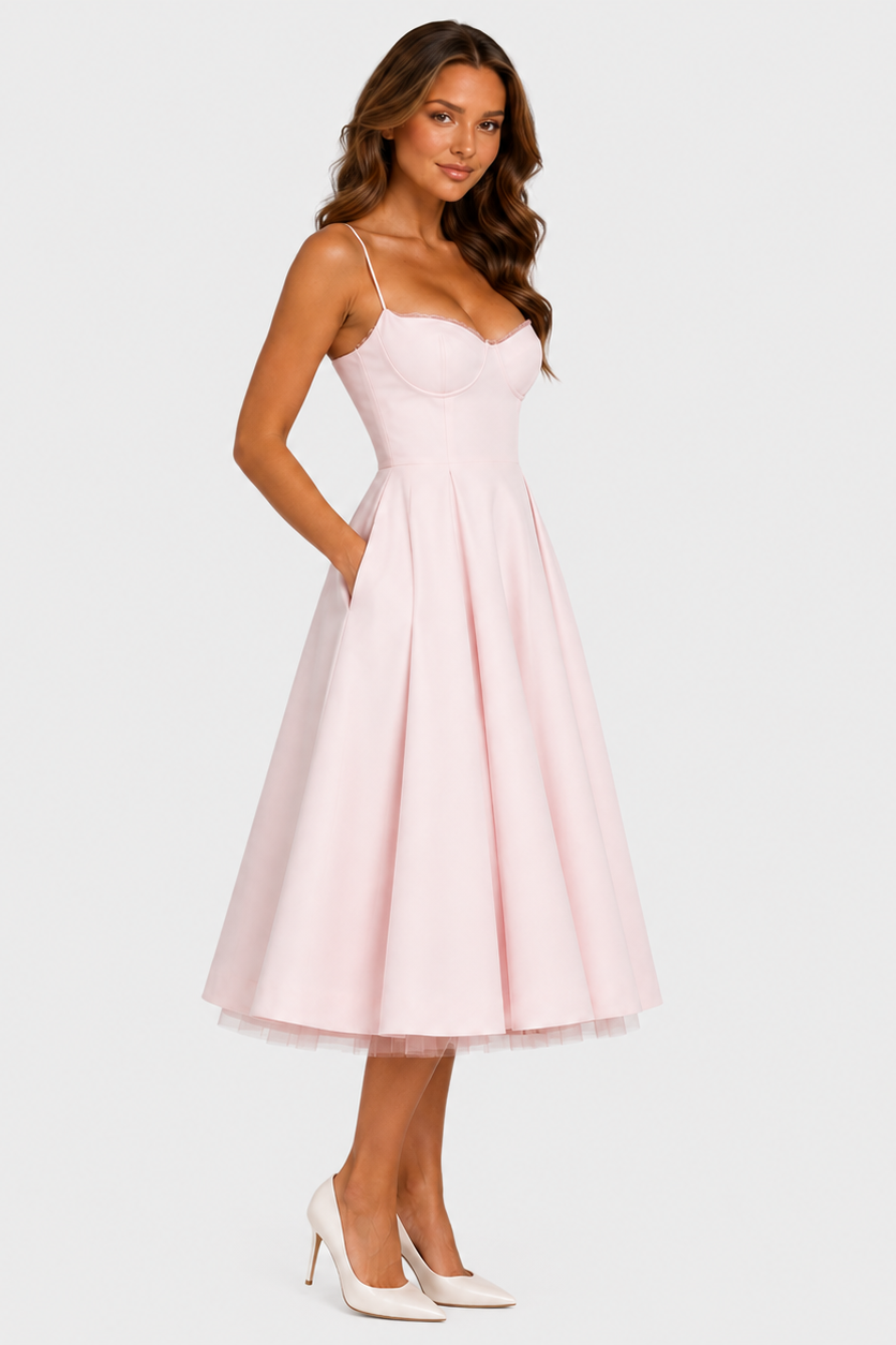 Women's satin-feel corset midi dress with sweetheart neckline, adjustable straps, fitted bodice, and full flowing skirt for weddings and special occasions.