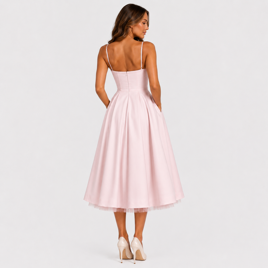 Women's satin-feel corset midi dress with sweetheart neckline, adjustable straps, fitted bodice, and full flowing skirt for weddings and special occasions.
