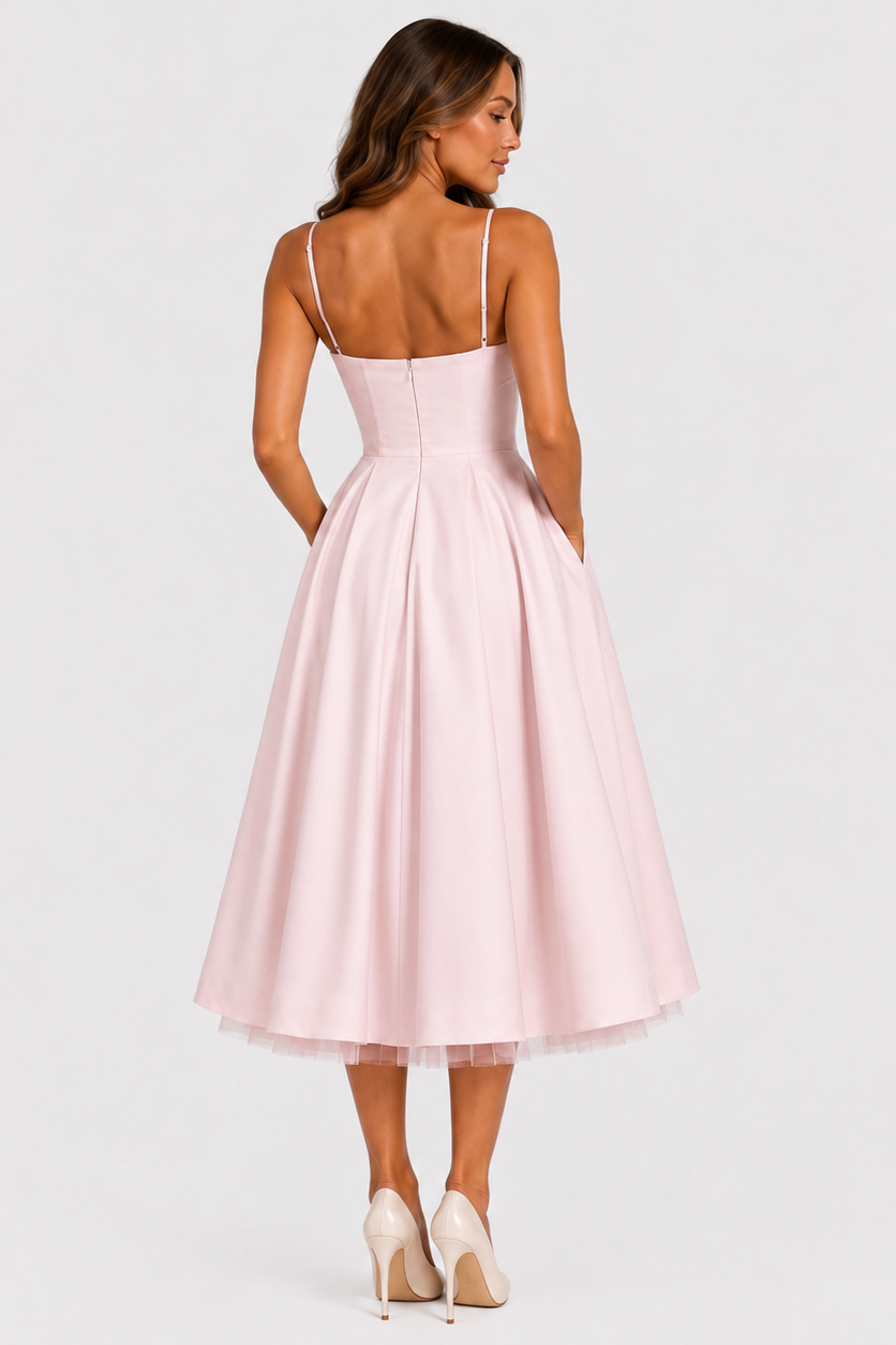 Women's satin-feel corset midi dress with sweetheart neckline, adjustable straps, fitted bodice, and full flowing skirt for weddings and special occasions.