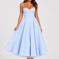 Women's satin-feel corset midi dress with sweetheart neckline, adjustable straps, fitted bodice, and full flowing skirt for weddings and special occasions.