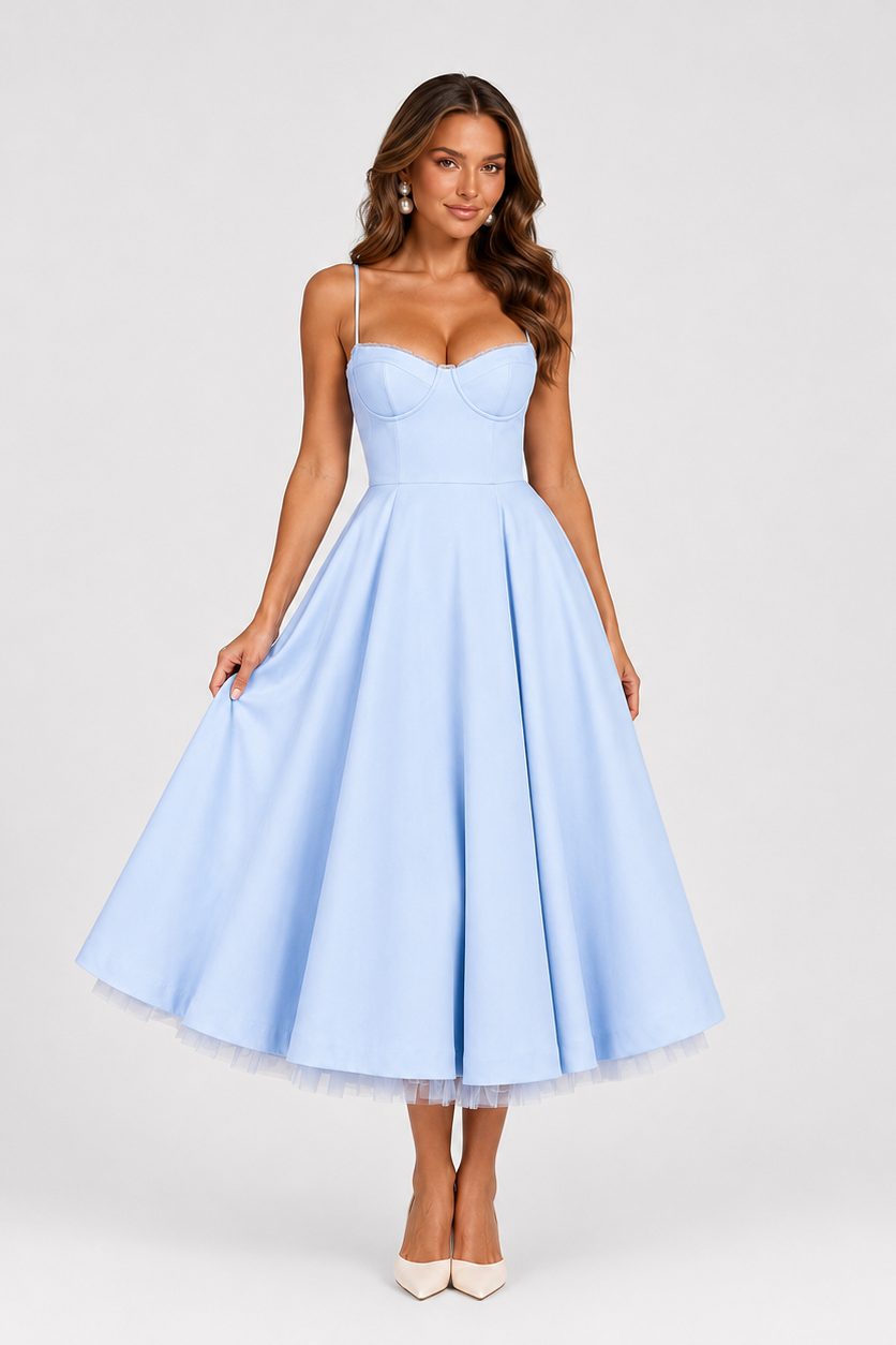 Women's satin-feel corset midi dress with sweetheart neckline, adjustable straps, fitted bodice, and full flowing skirt for weddings and special occasions.