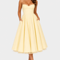Women's satin-feel corset midi dress with sweetheart neckline, adjustable straps, fitted bodice, and full flowing skirt for weddings and special occasions.