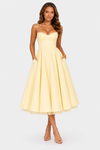 Women's satin-feel corset midi dress with sweetheart neckline, adjustable straps, fitted bodice, and full flowing skirt for weddings and special occasions.