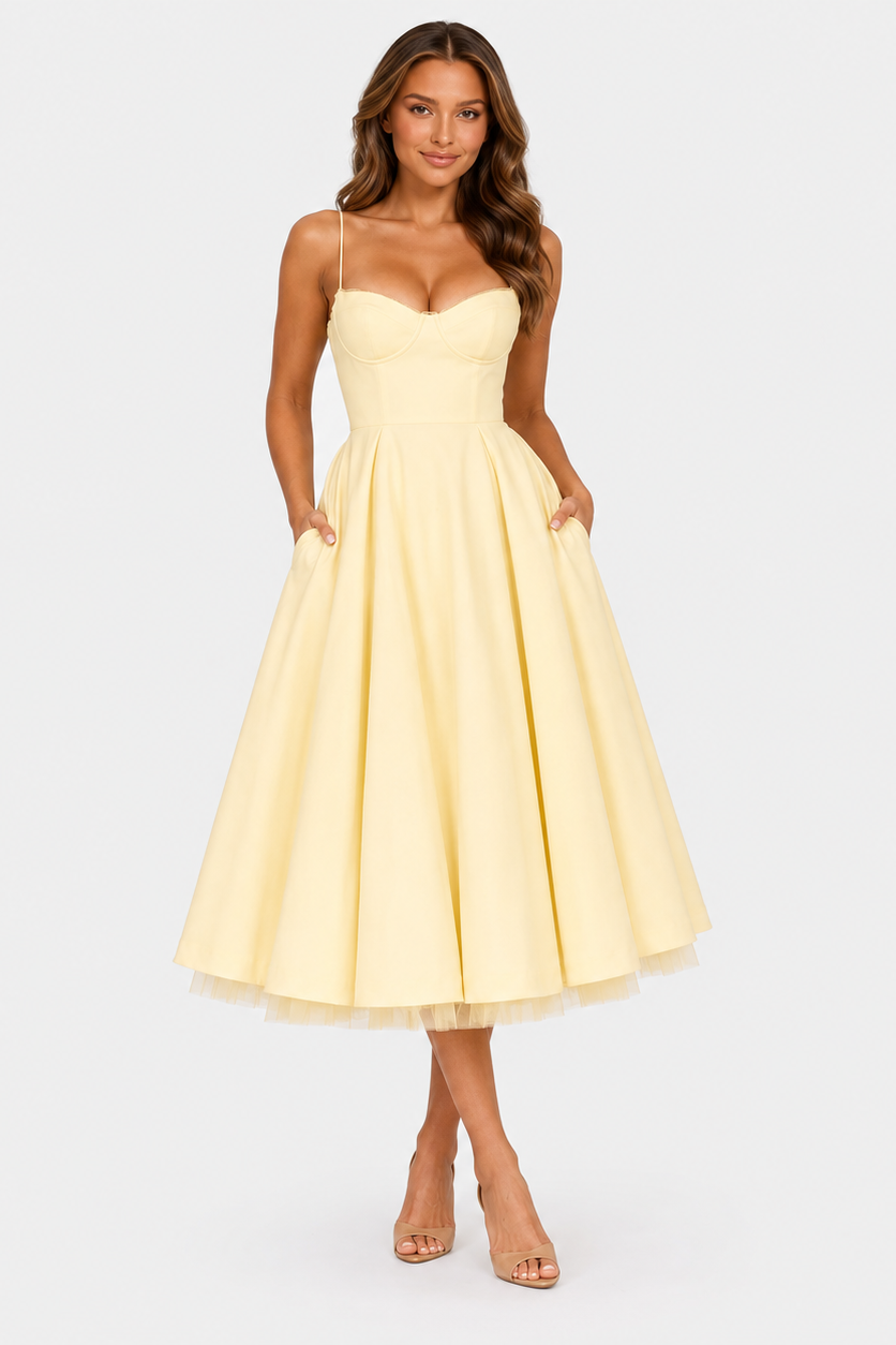 Women's satin-feel corset midi dress with sweetheart neckline, adjustable straps, fitted bodice, and full flowing skirt for weddings and special occasions.