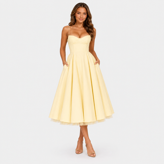 Women's satin-feel corset midi dress with sweetheart neckline, adjustable straps, fitted bodice, and full flowing skirt for weddings and special occasions.