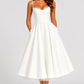 Women's satin-feel corset midi dress with sweetheart neckline, adjustable straps, fitted bodice, and full flowing skirt for weddings and special occasions.