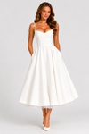 Women's satin-feel corset midi dress with sweetheart neckline, adjustable straps, fitted bodice, and full flowing skirt for weddings and special occasions.