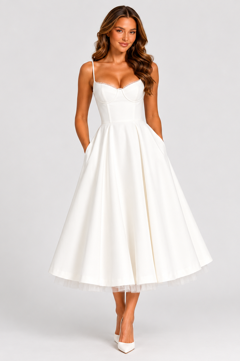 Women's satin-feel corset midi dress with sweetheart neckline, adjustable straps, fitted bodice, and full flowing skirt for weddings and special occasions.