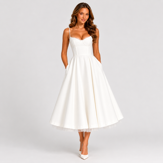 Women's satin-feel corset midi dress with sweetheart neckline, adjustable straps, fitted bodice, and full flowing skirt for weddings and special occasions.