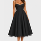 Women's satin-feel corset midi dress with sweetheart neckline, adjustable straps, fitted bodice, and full flowing skirt for weddings and special occasions.