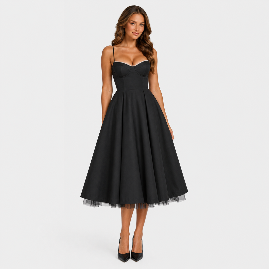 Women's satin-feel corset midi dress with sweetheart neckline, adjustable straps, fitted bodice, and full flowing skirt for weddings and special occasions.
