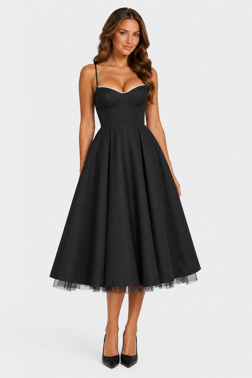 Women's satin-feel corset midi dress with sweetheart neckline, adjustable straps, fitted bodice, and full flowing skirt for weddings and special occasions.