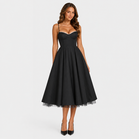 Women's satin-feel corset midi dress with sweetheart neckline, adjustable straps, fitted bodice, and full flowing skirt for weddings and special occasions.