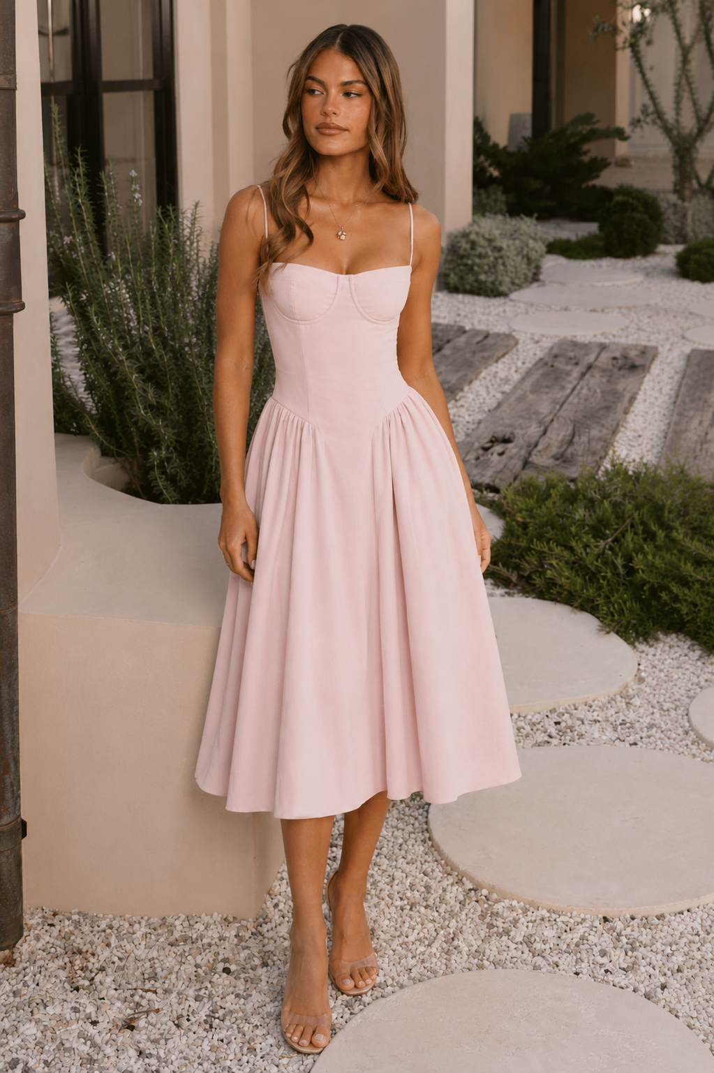 Women’s Corset Midi Dress with Lace-Up Back for Wedding & Occasion Wear