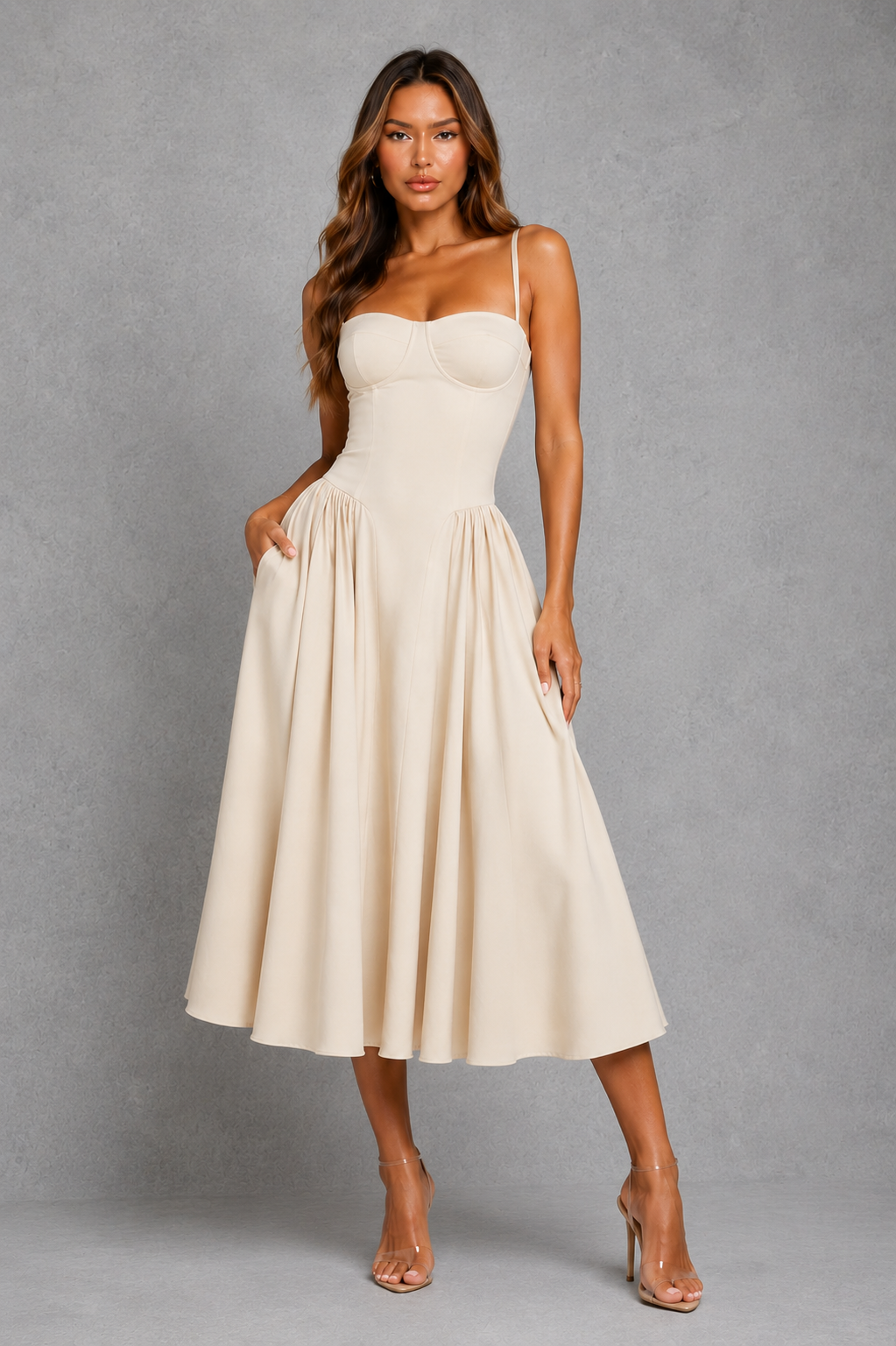 Women’s Corset Midi Dress with Lace-Up Back for Wedding & Occasion Wear