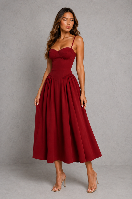Women’s Corset Midi Dress with Lace-Up Back for Wedding & Occasion Wear