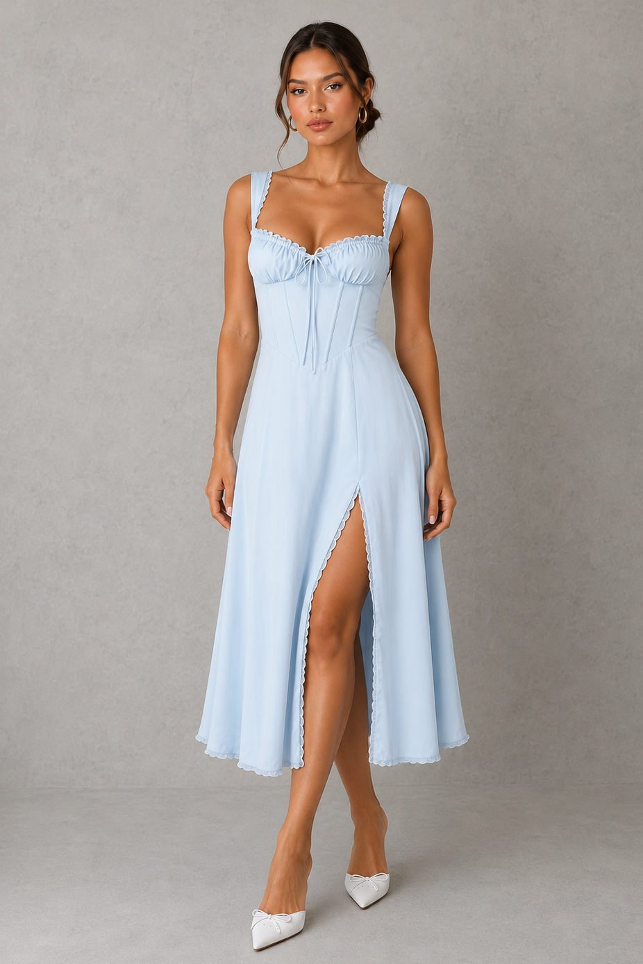 Women's Lace Trim Corset Midi Dress with Full Skirt – Light Blue