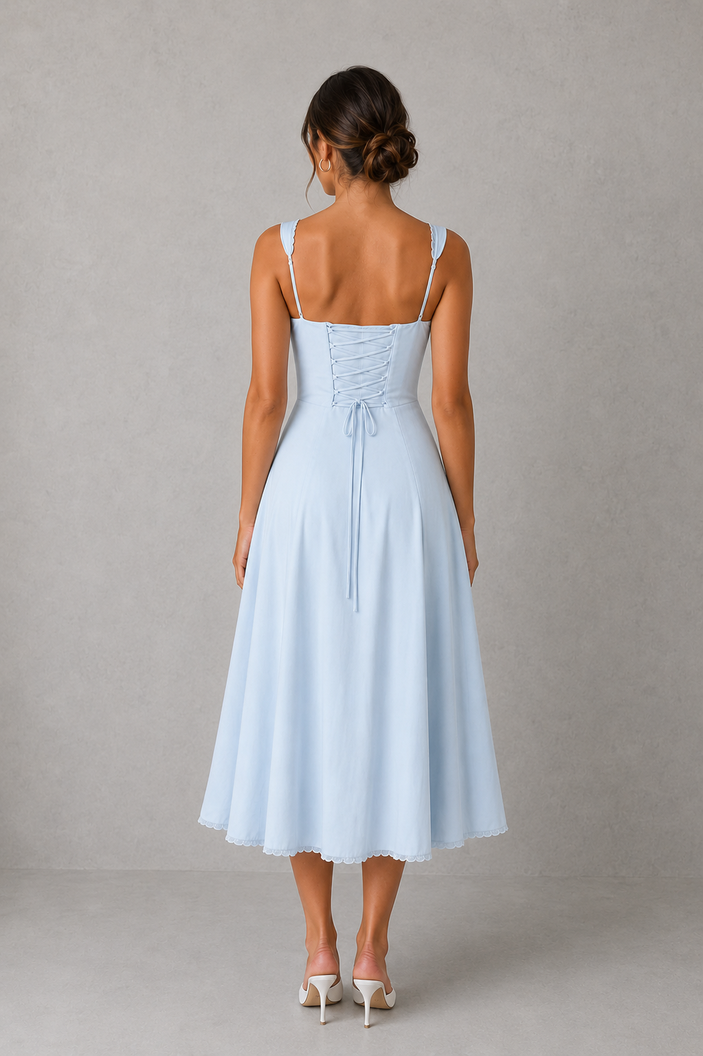 Women’s Corset Midi Dress with Lace Trim & Full Skirt for Wedding & Occasion Wear