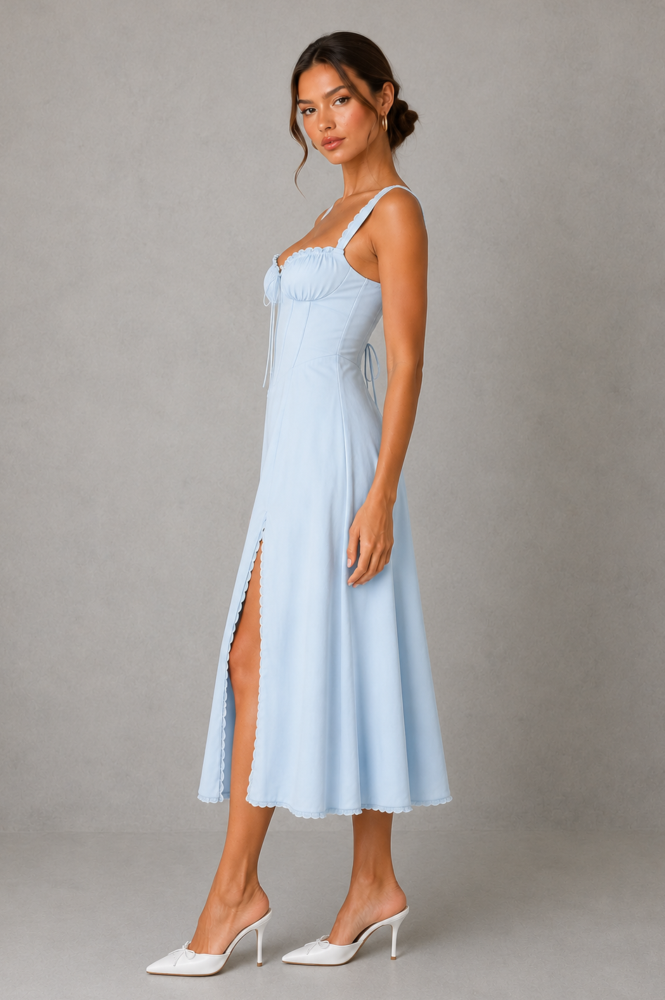 Women’s Corset Midi Dress with Lace Trim & Full Skirt for Wedding & Occasion Wear