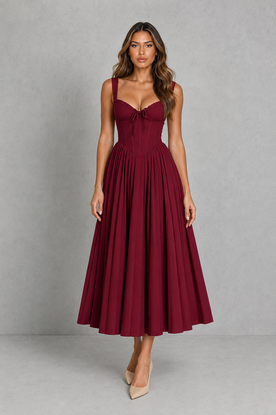 Women's Corset Midi Dress - Sweetheart Neck Wedding Guest Fit & Flare