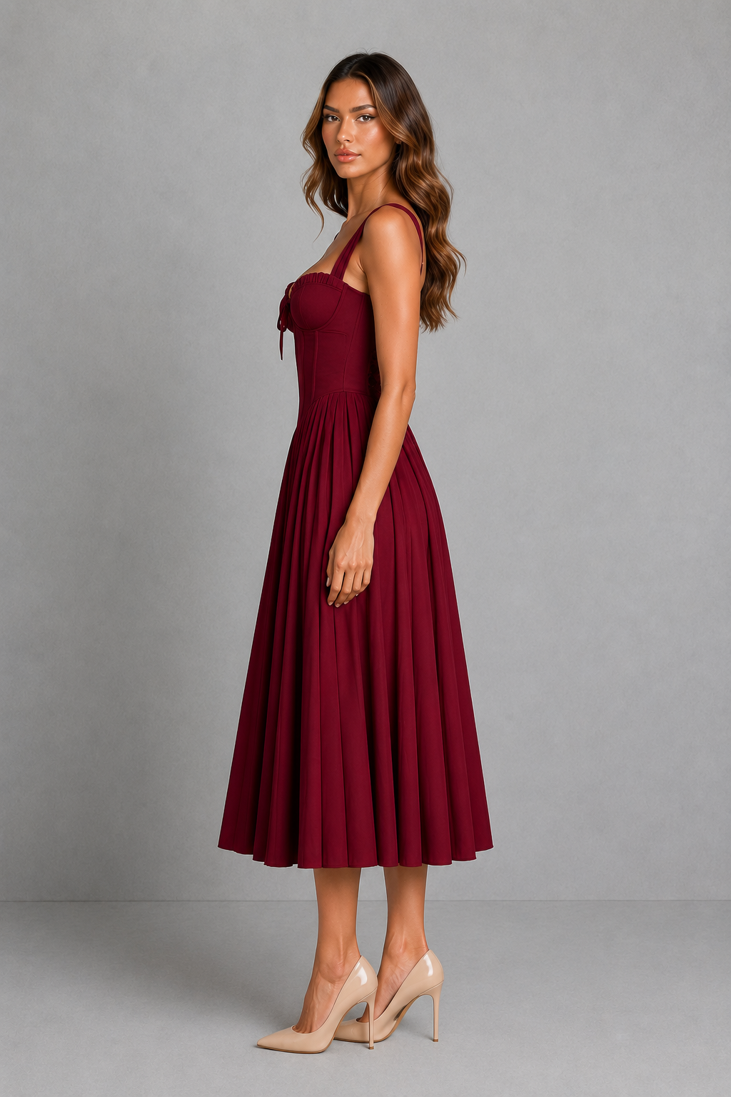 Women's Corset Midi Dress - Sweetheart Neck Wedding Guest Fit & Flare