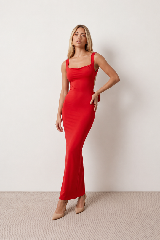 Woman wearing the Aline Cowl Neck Backless Maxi Dress in a floor-length fitted silhouette with a draped cowl neckline, elegant open back, oversized satin bow tie detail, sleeveless design, and smooth woven fabric, ideal for weddings, black-tie events, galas, and evening occasions.