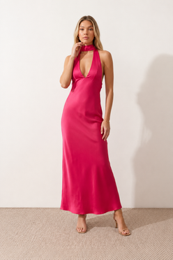 Aleena cowl neck halter maxi dress with a deep draped neckline, fitted halter strap, open back with tie-neck closure, sleeveless column silhouette, and floor-length straight hem in a smooth, elegant finish.