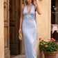 Aleena cowl neck halter maxi dress with a deep draped neckline, fitted halter strap, open back with tie-neck closure, sleeveless column silhouette, and floor-length straight hem in a smooth, elegant finish.