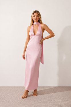 Aleena cowl neck halter maxi dress with a deep draped neckline, fitted halter strap, open back with tie-neck closure, sleeveless column silhouette, and floor-length straight hem in a smooth, elegant finish.