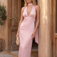 Aleena cowl neck halter maxi dress with a deep draped neckline, fitted halter strap, open back with tie-neck closure, sleeveless column silhouette, and floor-length straight hem in a smooth, elegant finish.