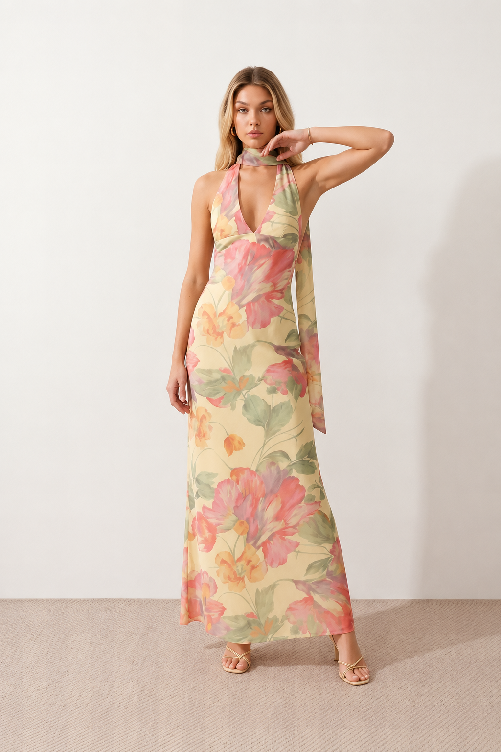 Aleena cowl neck halter maxi dress with a deep draped neckline, fitted halter strap, open back with tie-neck closure, sleeveless column silhouette, and floor-length straight hem in a smooth, elegant finish.