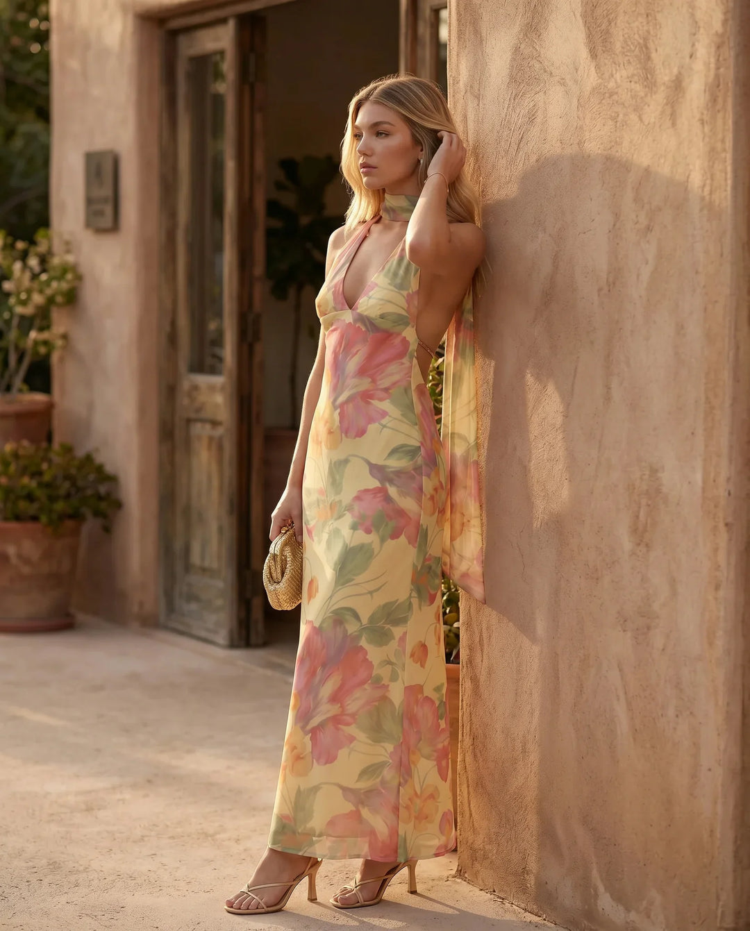 Aleena cowl neck halter maxi dress with a deep draped neckline, fitted halter strap, open back with tie-neck closure, sleeveless column silhouette, and floor-length straight hem in a smooth, elegant finish.