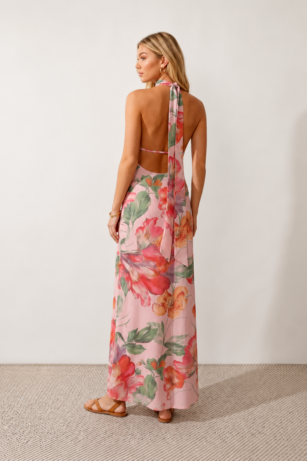 Aleena cowl neck halter maxi dress with a deep draped neckline, fitted halter strap, open back with tie-neck closure, sleeveless column silhouette, and floor-length straight hem in a smooth, elegant finish.