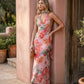 Aleena cowl neck halter maxi dress with a deep draped neckline, fitted halter strap, open back with tie-neck closure, sleeveless column silhouette, and floor-length straight hem in a smooth, elegant finish.
