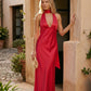 Aleena cowl neck halter maxi dress with a deep draped neckline, fitted halter strap, open back with tie-neck closure, sleeveless column silhouette, and floor-length straight hem in a smooth, elegant finish.