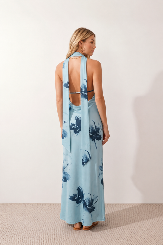 Aleena cowl neck halter maxi dress with a deep draped neckline, fitted halter strap, open back with tie-neck closure, sleeveless column silhouette, and floor-length straight hem in a smooth, elegant finish.