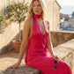 Aleena cowl neck halter maxi dress with a deep draped neckline, fitted halter strap, open back with tie-neck closure, sleeveless column silhouette, and floor-length straight hem in a smooth, elegant finish.