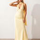 Aleena cowl neck halter maxi dress with a deep draped neckline, fitted halter strap, open back with tie-neck closure, sleeveless column silhouette, and floor-length straight hem in a smooth, elegant finish.