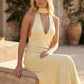 Aleena cowl neck halter maxi dress with a deep draped neckline, fitted halter strap, open back with tie-neck closure, sleeveless column silhouette, and floor-length straight hem in a smooth, elegant finish.