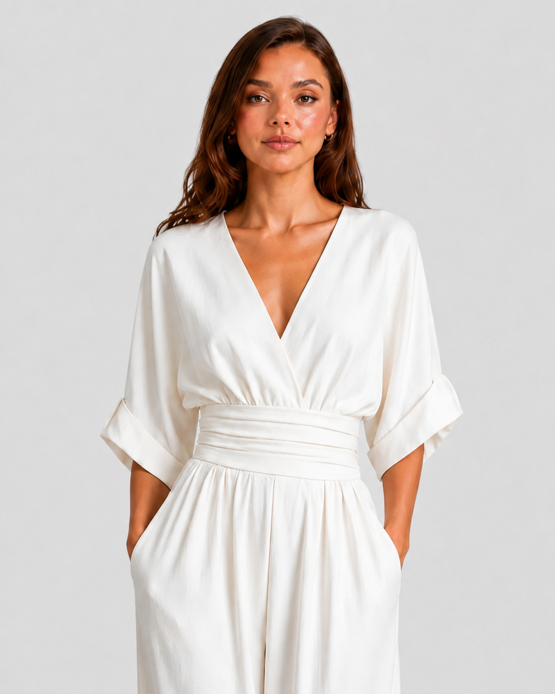 Women's deep V-neck wide-leg jumpsuit with cinched waist, relaxed rolled sleeves, lightweight flowing fabric and side pockets in an elegant silhouette.