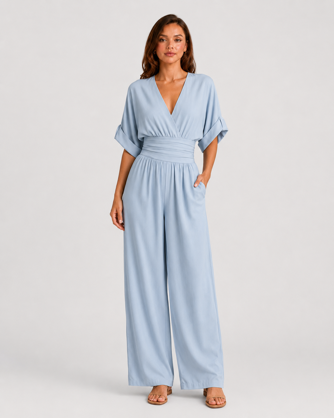 Women's deep V-neck wide-leg jumpsuit with cinched waist, relaxed rolled sleeves, lightweight flowing fabric and side pockets in an elegant silhouette.