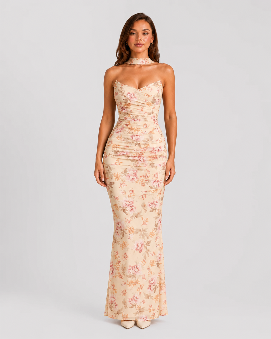 Women's draped mesh corset top with structured boning, sheer mesh fabric, fitted silhouette, and detachable scarf accessory for elegant evening styling.