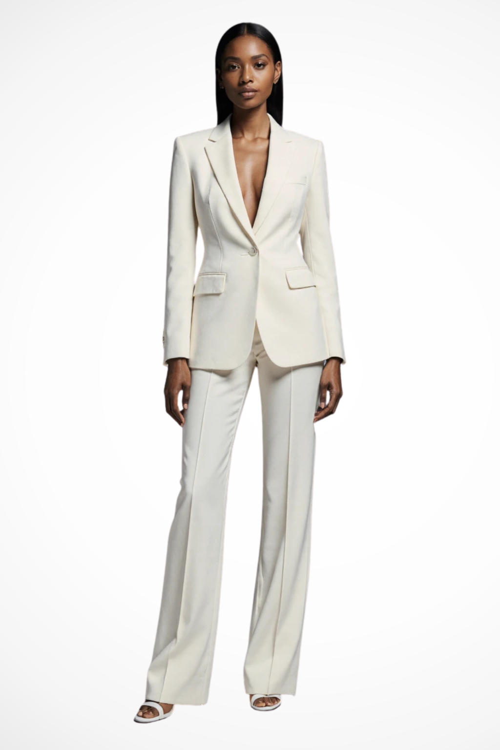 Woman wearing a white suit on a white background
