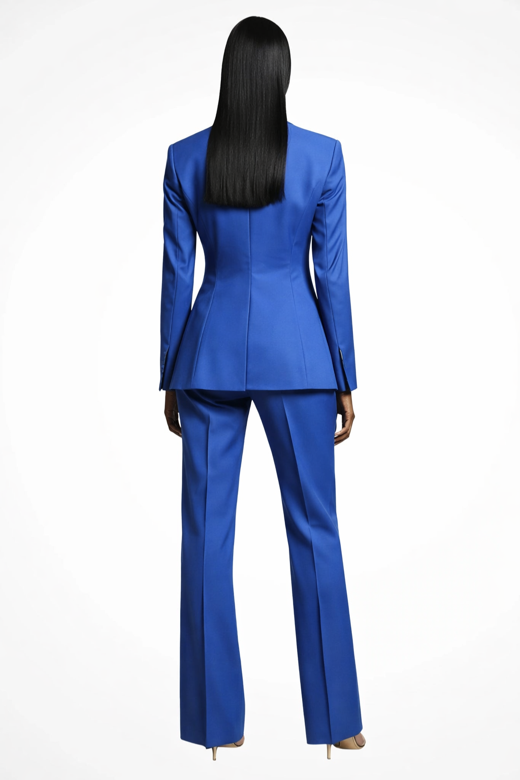 Blue suit worn by a person on a white background