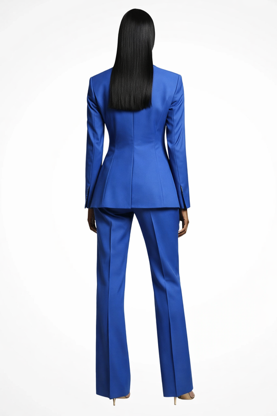 Blue suit worn by a person on a white background