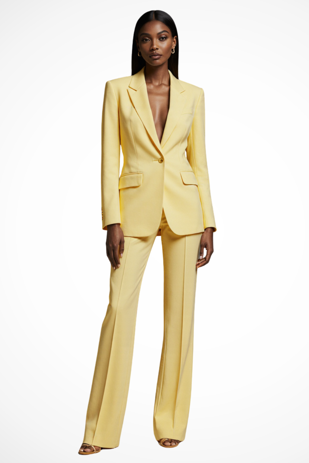 Woman wearing a yellow suit on a white background