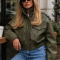 Women’s Leather Bomber Jacket with Pocket Detail