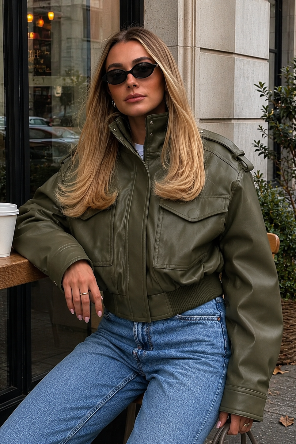 Women’s Leather Bomber Jacket with Pocket Detail