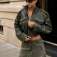 Women’s Leather Bomber Jacket with Pocket Detail